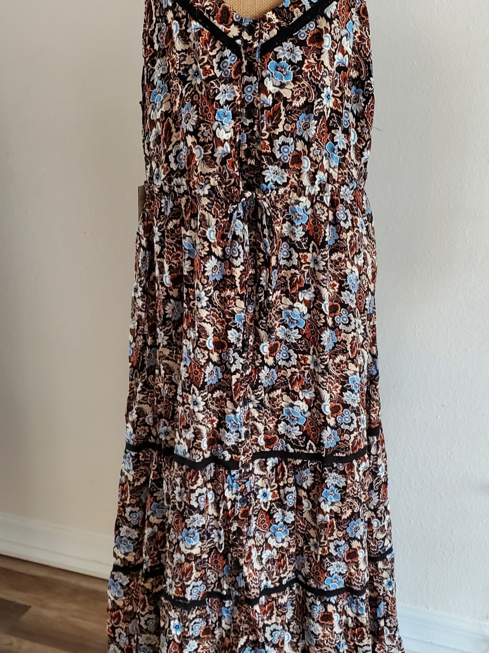 Idyllwind Brown and Blue Floral Tiered Maxi Skirt XL